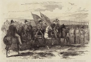 Lord Gough, Pelissier marsall és a személyzet ellenőrzi a csapatokat a főhadiszálláson a Krím-félszigeten